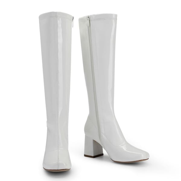 Desire Square Toe Chunky Knee High Gogo Boots - WHITE PATENT PU - 3